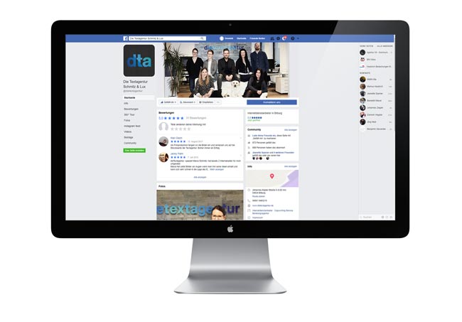 Bildschirm mit dta Facebook Unternehmensseite